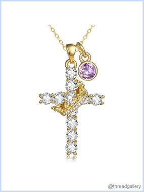 14K Gold Plated Cross Crown Pendant Necklace Cubic Zirconia 20"